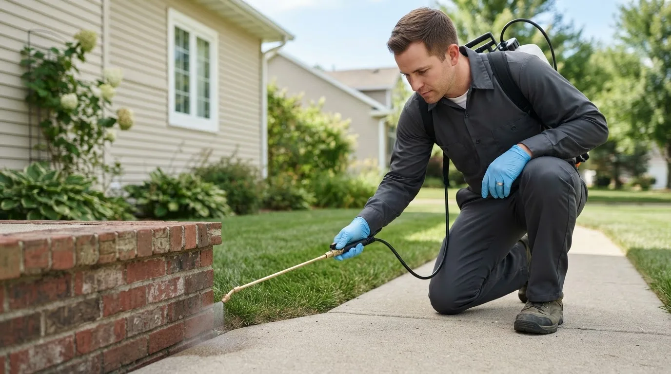 Pest control technician treating a home near Irving, TX